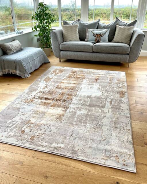 Beige Cream Copper Art Shimmer Sheen Effect Modern Rug Silky Soft Chic Design Area Mat - image 1