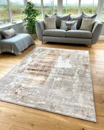 Beige Cream Copper Art Shimmer Sheen Effect Modern Rug Silky Soft Chic Design Area Mat - thumbnail 1