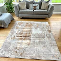 Beige Cream Copper Art Shimmer Sheen Effect Modern Rug Silky Soft Chic Design Area Mat - thumbnail 3