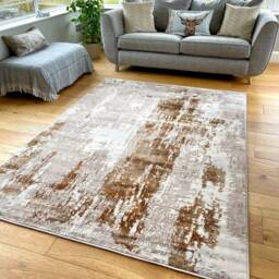 Beige Cream Copper Art Shimmer Sheen Effect Modern Rug Silky Soft Chic Design Area Mat - thumbnail 2