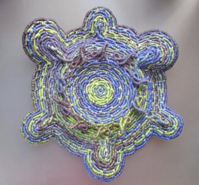 Cosmic Turtle Original Design Coiled Jute Fiber Wall Hanging - Shades Of Blue, Green, Black - Made With Wool-Free Yarn - image 1