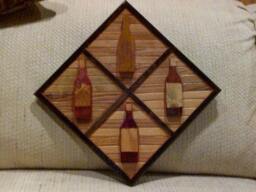 Wood Wall Art Sculpture Featuring 4 Hand Cut Wine Bottle Set in Oak & Pine Beveled Trim Strips Stained A Variety Of Colors