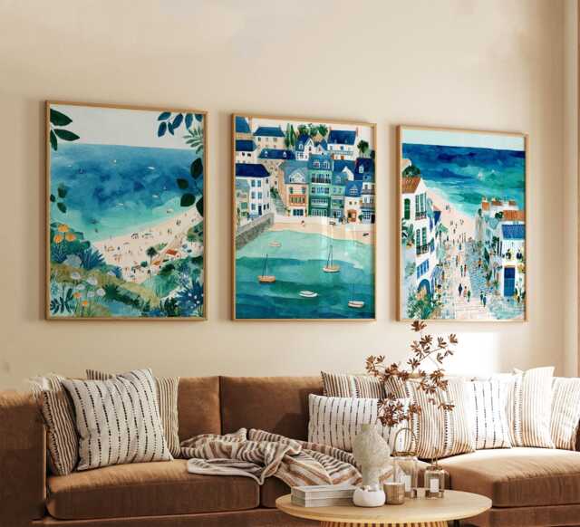 Set Of 3 St Ives Posters, Cornwall Coastal Wall Art, Seaside Print Set, Beach Decor, Modern Travel Artwork, British Landscape - image 1