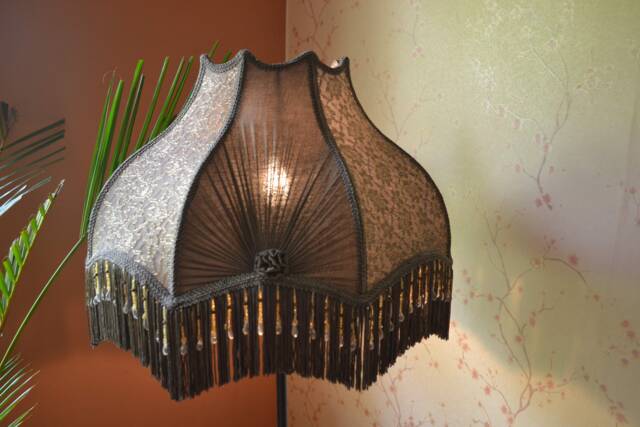 Victorian Lampshade Handmade Soil Color Fabric With Beaded Fringe - image 1