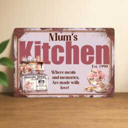 Personalised Kitchen Gift For Mum, Pink Wall Art, Birthday Women, Metal Tin Sign, Nanny Plaque, Mud Kitchen Sign - thumbnail 1