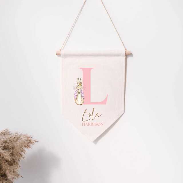 Personalised Linen Flag - Peter Rabbit Kids Bedroom Wall Decor Birthday Gift For Boy Girl New Baby Nursery Parents - image 1