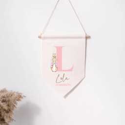 Personalised Linen Flag - Peter Rabbit Kids Bedroom Wall Decor Birthday Gift For Boy Girl New Baby Nursery Parents - thumbnail 1