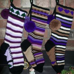 Hand Knit Christmas Stocking Purple Brown Horizontal Stripes Fancy Border Detail By Santa's Works - thumbnail 3
