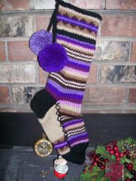 Hand Knit Christmas Stocking Purple Brown Horizontal Stripes Fancy Border Detail By Santa's Works