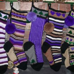 Hand Knit Christmas Stocking Purple Brown Horizontal Stripes Fancy Border Detail By Santa's Works - thumbnail 4