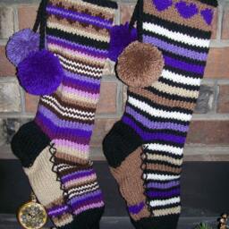 Hand Knit Christmas Stocking Purple Brown Horizontal Stripes Fancy Border Detail By Santa's Works - thumbnail 2