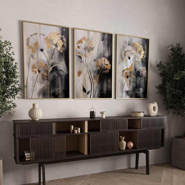 Set Of 3 Black, Grey & Gold Wall Art - Dandelion Edition Floral - image 1