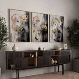 Set Of 3 Black, Grey & Gold Wall Art - Dandelion Edition Floral - thumbnail 1