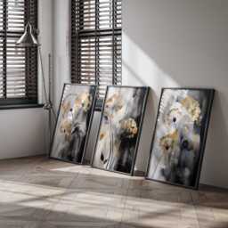 Set Of 3 Black, Grey & Gold Wall Art - Dandelion Edition Floral - thumbnail 2