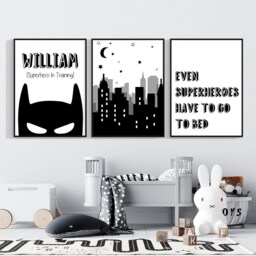 Personalised Superhero Prints, Set Of 3 Bedroom Wall Art - Decor, Boys Bedroom, Monochrome Art 576 - thumbnail 2