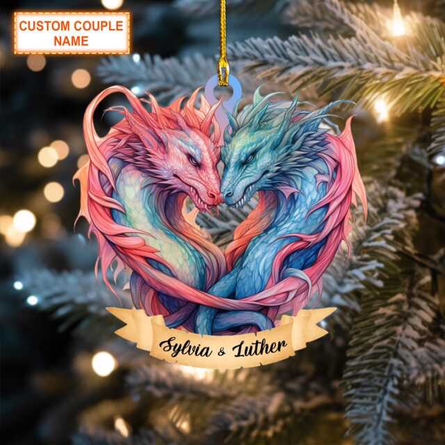 Custom Couple Name Dragon Christmas Ornament, Tree Hanging Decor, Flat 2D Ornament Acrylic/ Wooden, Lover Gift - image 1