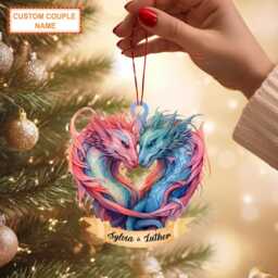 Custom Couple Name Dragon Christmas Ornament, Tree Hanging Decor, Flat 2D Ornament Acrylic/ Wooden, Lover Gift - thumbnail 2