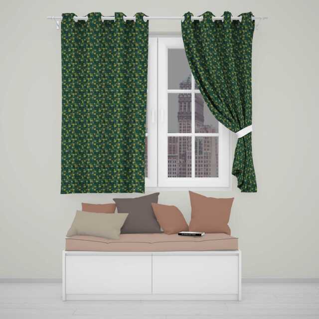 Green Square Tile Mosaic Abstract Seamless Pattern Readymade Eyelet Ring Top Thermal 100% Blackout Curtains - image 1