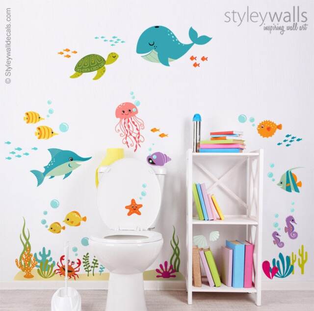 Under The Sea Wall Decal, Kids Bathroom Fishes Ocean Sticker, Life Aquarium Decal - image 1