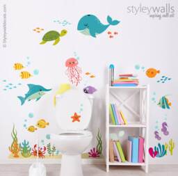 Under The Sea Wall Decal, Kids Bathroom Fishes Ocean Sticker, Life Aquarium Decal - thumbnail 1