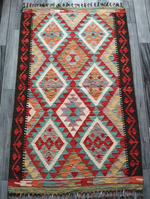 Afghan Rug, Handmade Artisan Turkish Navajo Geometric Wool Kilim Rug 134x82 cm - image 1