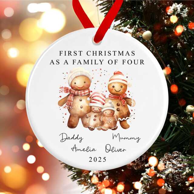 First Christmas As A Family Of Four Bauble - Ceramic Watercolour Gingerbread 4 Ornament Decoration Personalised Names - image 1