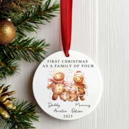 First Christmas As A Family Of Four Bauble - Ceramic Watercolour Gingerbread 4 Ornament Decoration Personalised Names - thumbnail 2
