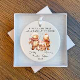 First Christmas As A Family Of Four Bauble - Ceramic Watercolour Gingerbread 4 Ornament Decoration Personalised Names - thumbnail 3
