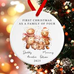 First Christmas As A Family Of Four Bauble - Ceramic Watercolour Gingerbread 4 Ornament Decoration Personalised Names - thumbnail 1