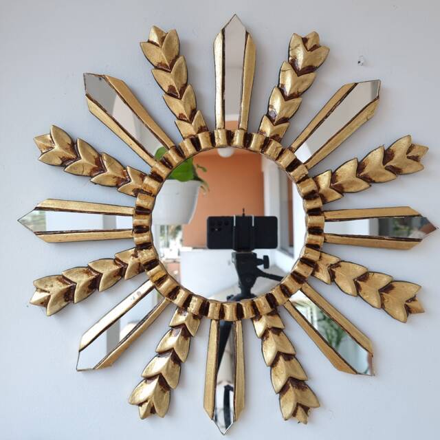 Peruvian Wheat Sun Mirror 50 cm Handmade Wall Decor - Carved Wood Round Artistic Statement For Living Room Bathroom - image 1