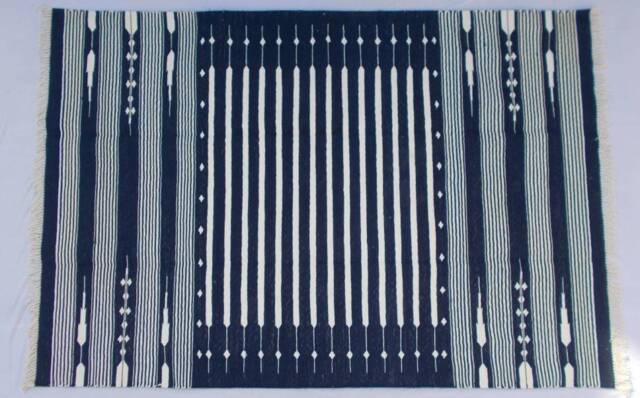 8x10 Dark Navy Blue Stripes Cotton Rug Dhurrie - Room Size - image 1