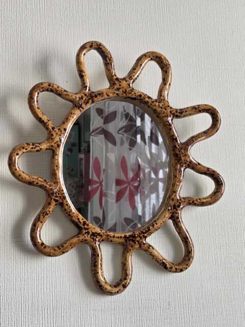 Handmade Ceramic Mirror Brown Glazed Round Wall Decor - image 1