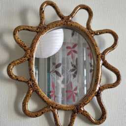 Handmade Ceramic Mirror Brown Glazed Round Wall Decor - thumbnail 2