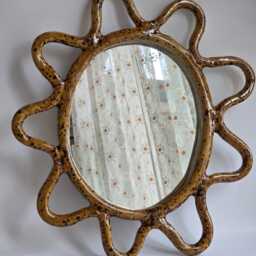 Handmade Ceramic Mirror Brown Glazed Round Wall Decor - thumbnail 4