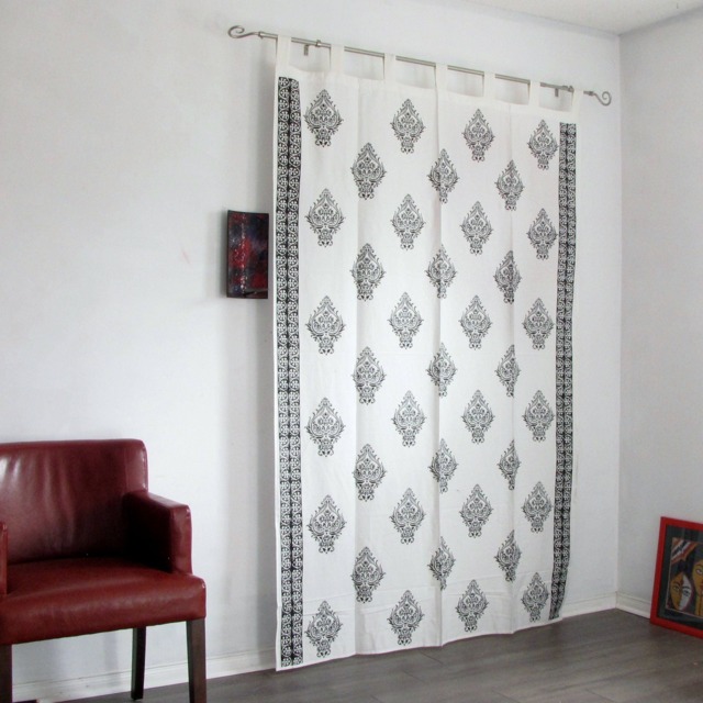 Hand Block Printed Cotton Tab Top Curtains, Loop Curtains, Boho , Bohemian Print, Monochrome - image 1