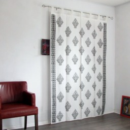 Hand Block Printed Cotton Tab Top Curtains, Loop Curtains, Boho , Bohemian Print, Monochrome - thumbnail 1