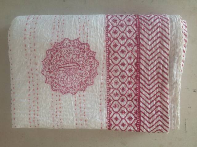 Handmade Red Floral Kantha Quilt Lightweight Cotton Bedspread - image 1
