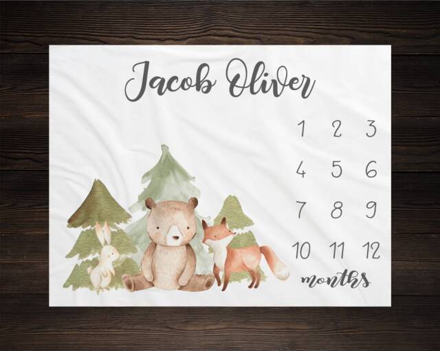 Bear Baby Milestone Blanket, Monthly Growth Tracker, Personalized Custom Shower Gift, New Boy - image 1