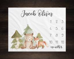 Bear Baby Milestone Blanket, Monthly Growth Tracker, Personalized Custom Shower Gift, New Boy