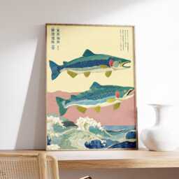 Japanese Salmon Wave Print, Retro Coastal Wall Art, Vintage Asian Poster, Mid Century Marine Decor, Blue Fish Art - thumbnail 2