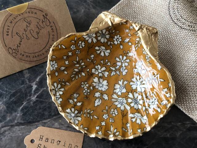 Liberty Of London Decoration, Shell Wall Hanging, Shells in Capel Floral White, Yellow, Gold - Art, Coastal Decor, UK - image 1