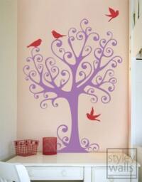 Ornamental Tree With Birds Vinyl Wall Decal, Medium Size, Ornament Decal Birds, Nursery Sticker