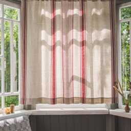 French Style Linen Curtain With Cherry Red Stripes, Natural Heavyweight Curtain, Farmhouse Rustic Rod Pocket Curtain - thumbnail 3
