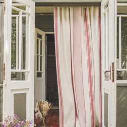 French Style Linen Curtain With Cherry Red Stripes, Natural Heavyweight Curtain, Farmhouse Rustic Rod Pocket Curtain - thumbnail 2