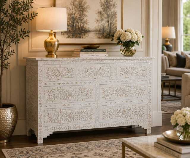 Designer Mother Of Pearl Inlay White Floral Pattern Chest 7 Drawers Dresser - image 1