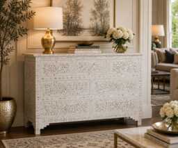 Designer Mother Of Pearl Inlay White Floral Pattern Chest 7 Drawers Dresser