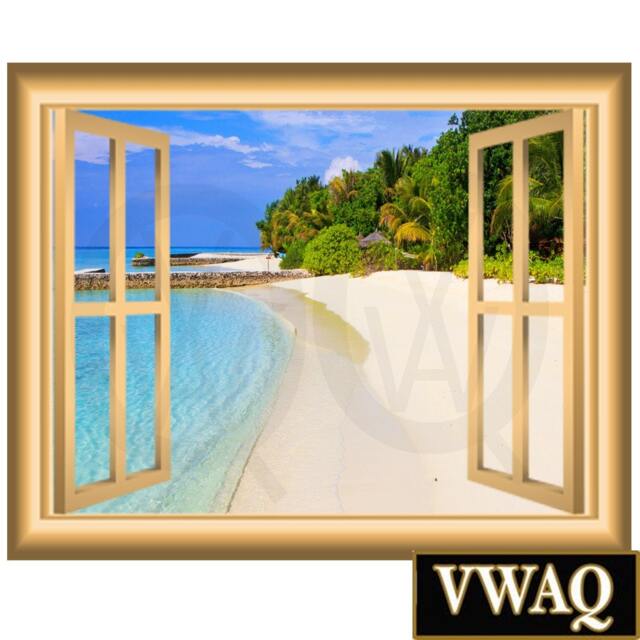 3D Window Frame Wall Decal - Sandy Beach Scene Peel & Stick Vinyl Family Art Mural - Nw82