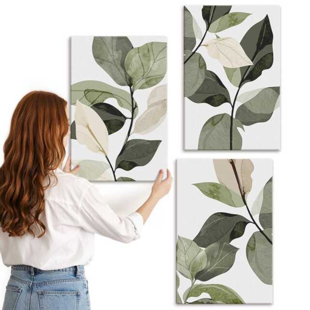Canvas Set Of 3 - Painted Delicate Boho Plant Leaves, Green Wall Art Canvas, Plants & Flowers Decor - image 1