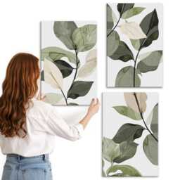 Canvas Set Of 3 - Painted Delicate Boho Plant Leaves, Green Wall Art Canvas, Plants & Flowers Decor - thumbnail 1