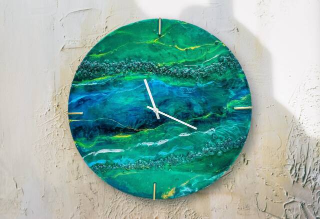 Green Resin Wall Clock Custom Epoxy Home Decor - image 1